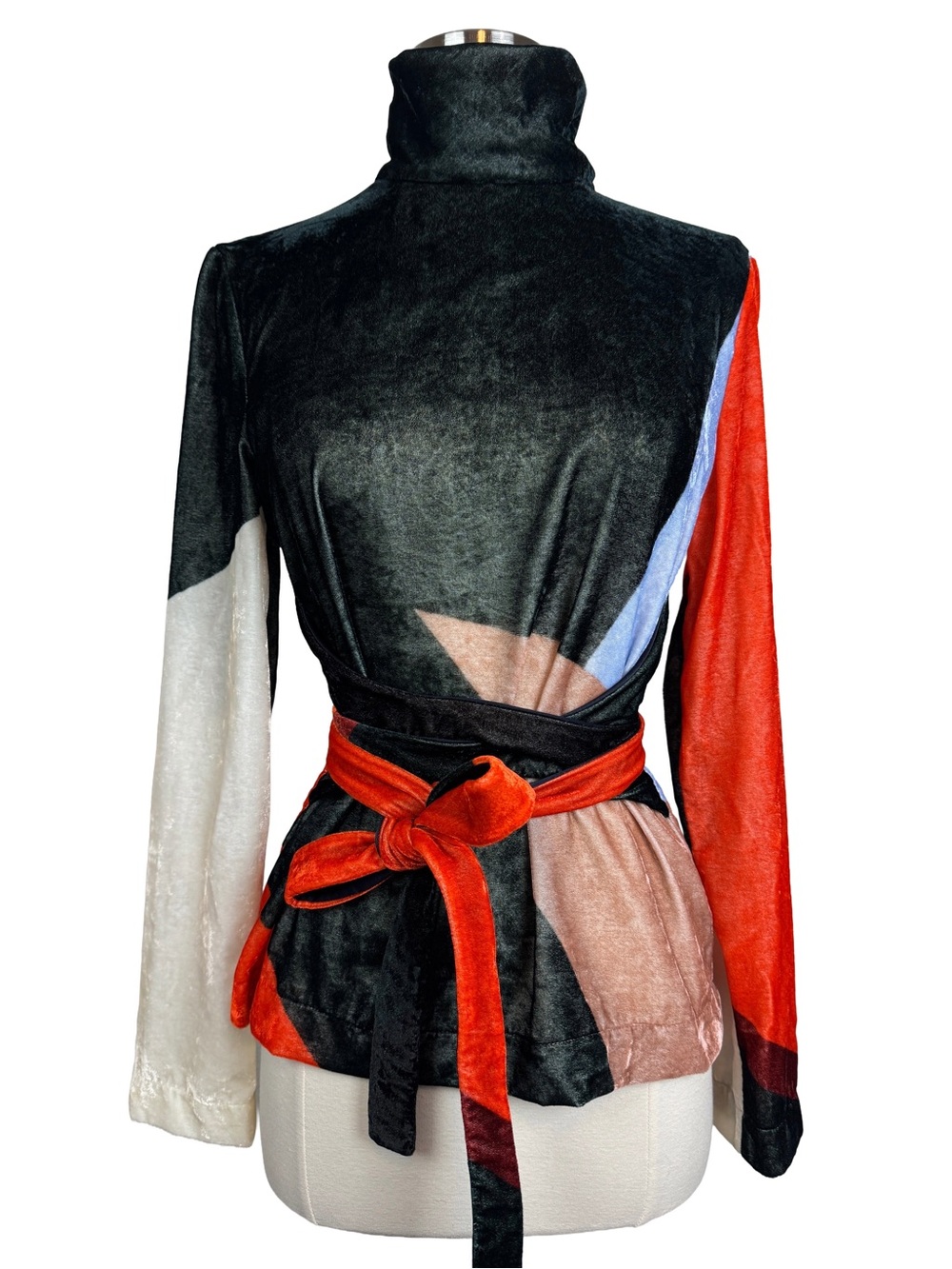 Cedric Charlier Velvet Colorblock Mock Neck Tie Waist Structured Top Size 6